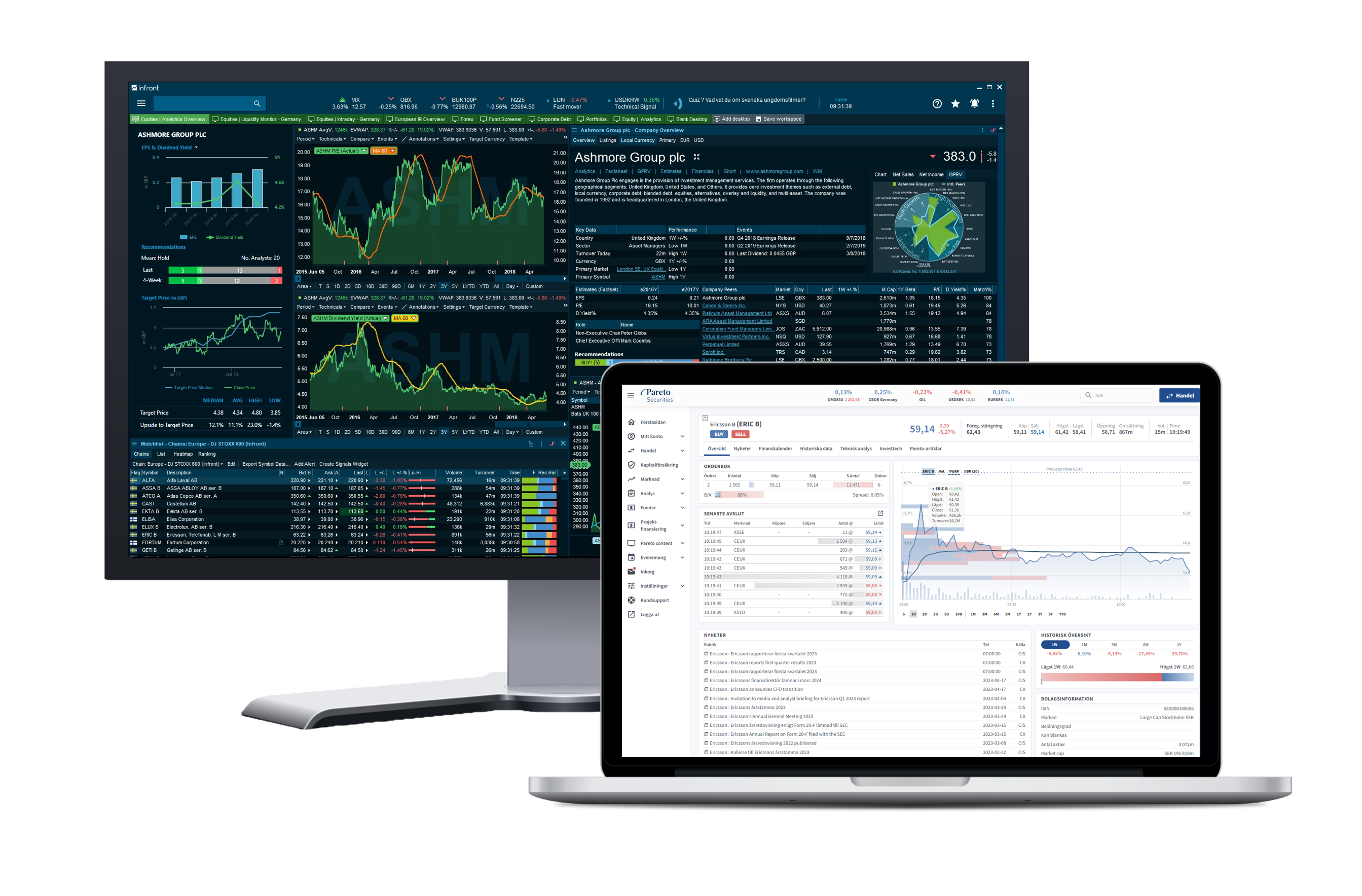 En datorskärm med tradingprogrammet Infront och en laptop med Pareto Securities Onlinetjänst